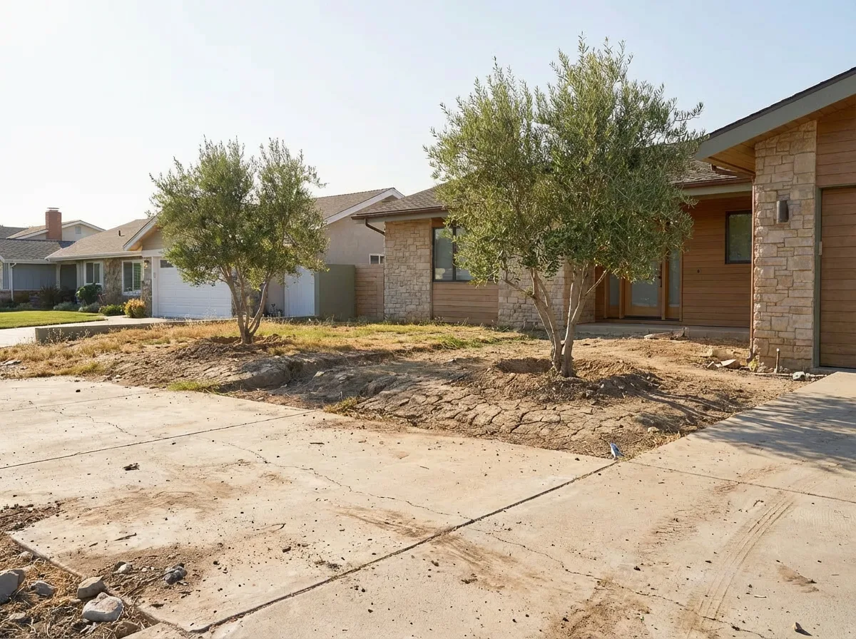 San Diego front yard before hardscape — plain concrete with sparse olive trees