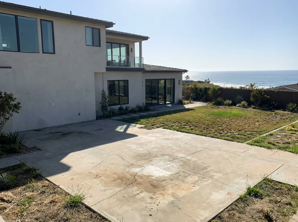 San Diego coastal backyard before remodel — bare concrete slab with ocean view