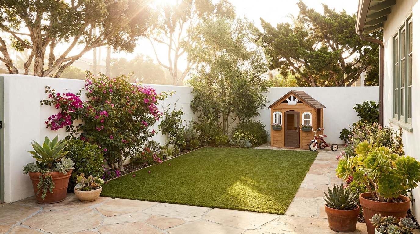 Artificial Turf in Del Mar — Practical Turf for Village Lots with Children — San Diego Landscape Remodeling