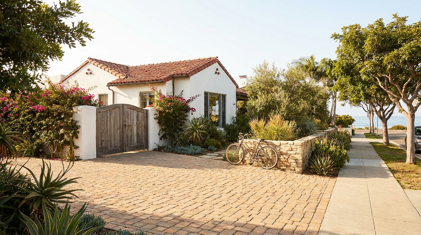 Driveway Pavers in Del Mar — Entry Hardscape at the Village Scale — San Diego Landscape Remodeling