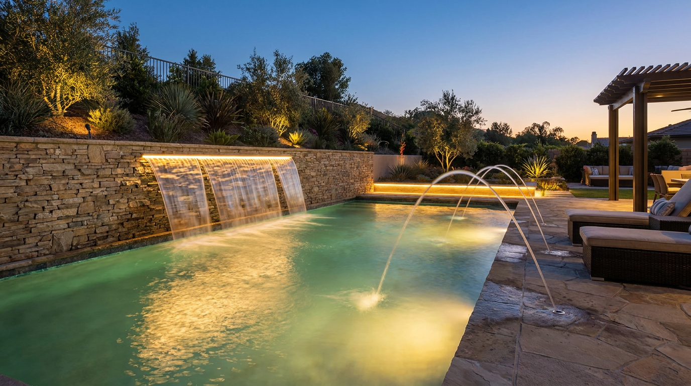 Pool Water Features in San Diego: Bubblers, Waterfalls, Deck Jets, and Sheer Descents — San Diego Landscape Remodeling