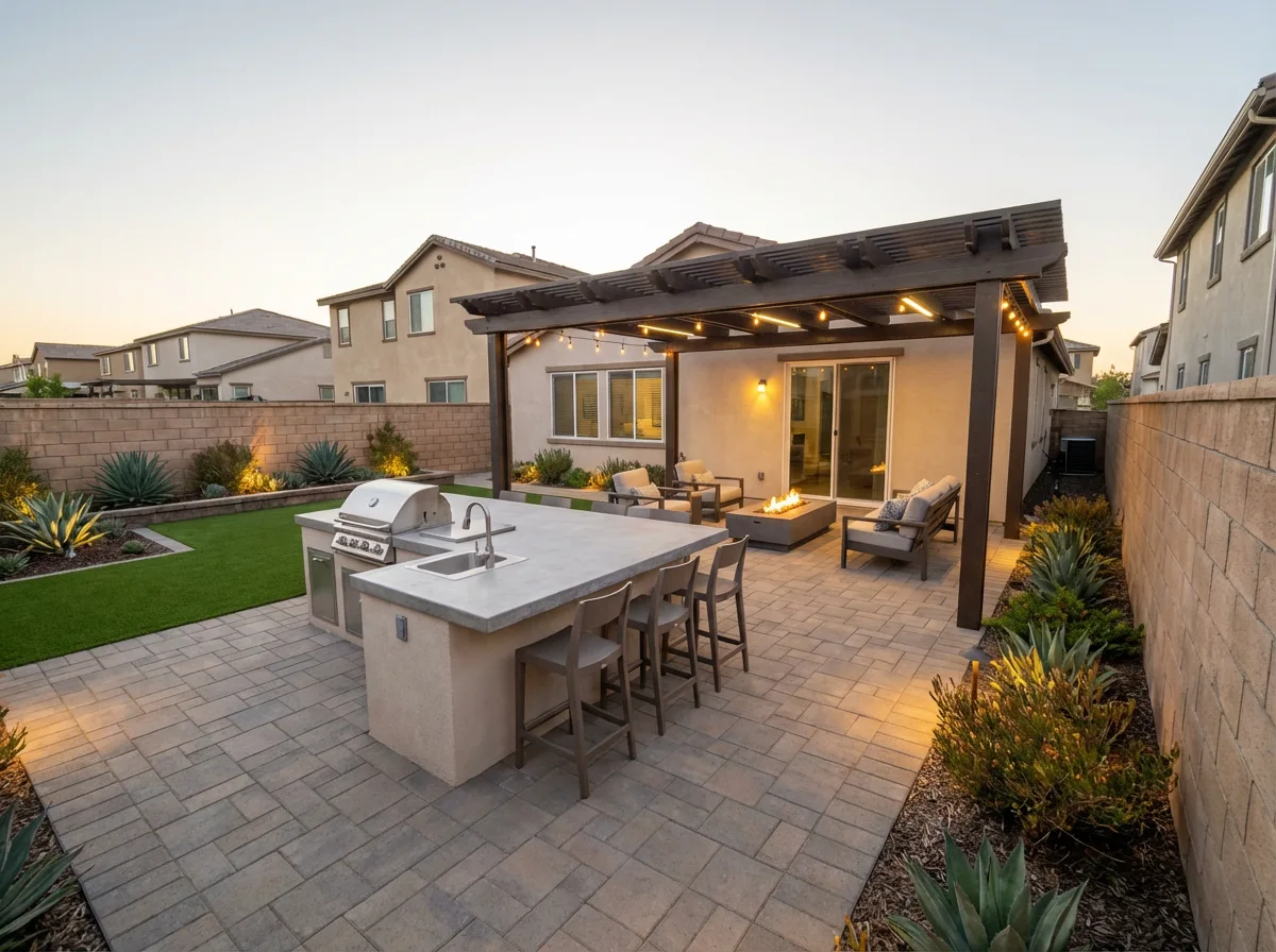 Carmel Valley backyard with outdoor kitchen, bar seating, pergola, fire pit and turf at dusk — San Diego