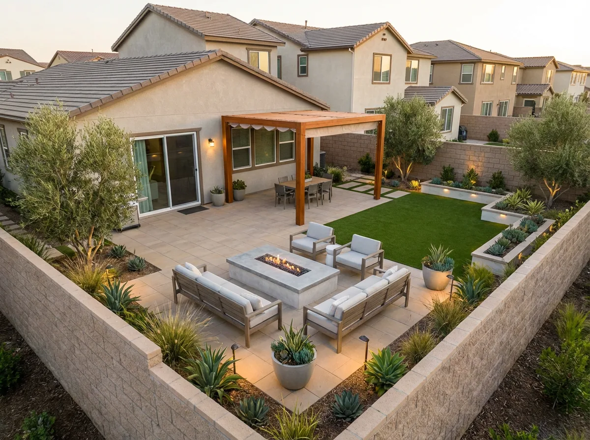 Aerial view of Carmel Valley backyard remodel — pergola, fire pit lounge, turf and raised planters — San Diego