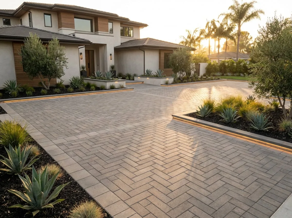 Herringbone paver driveway with agave — San Diego hardscape
