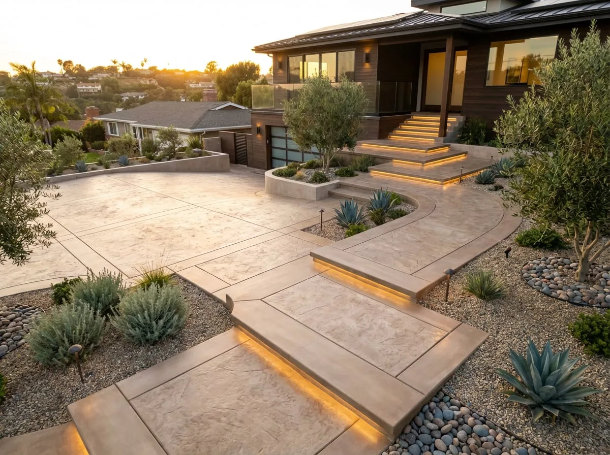 Front yard lit steps with coastal views and agave — San Diego hardscape