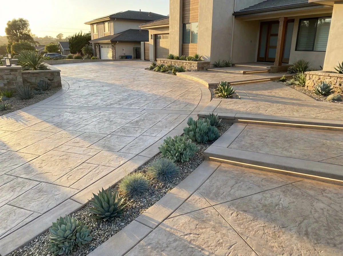Front yard stamped concrete with agave and raised planters at sunset — San Diego