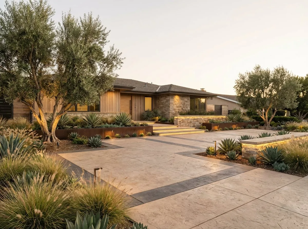 Wide front yard concrete driveway with stone facade and drought-tolerant plants — San Diego