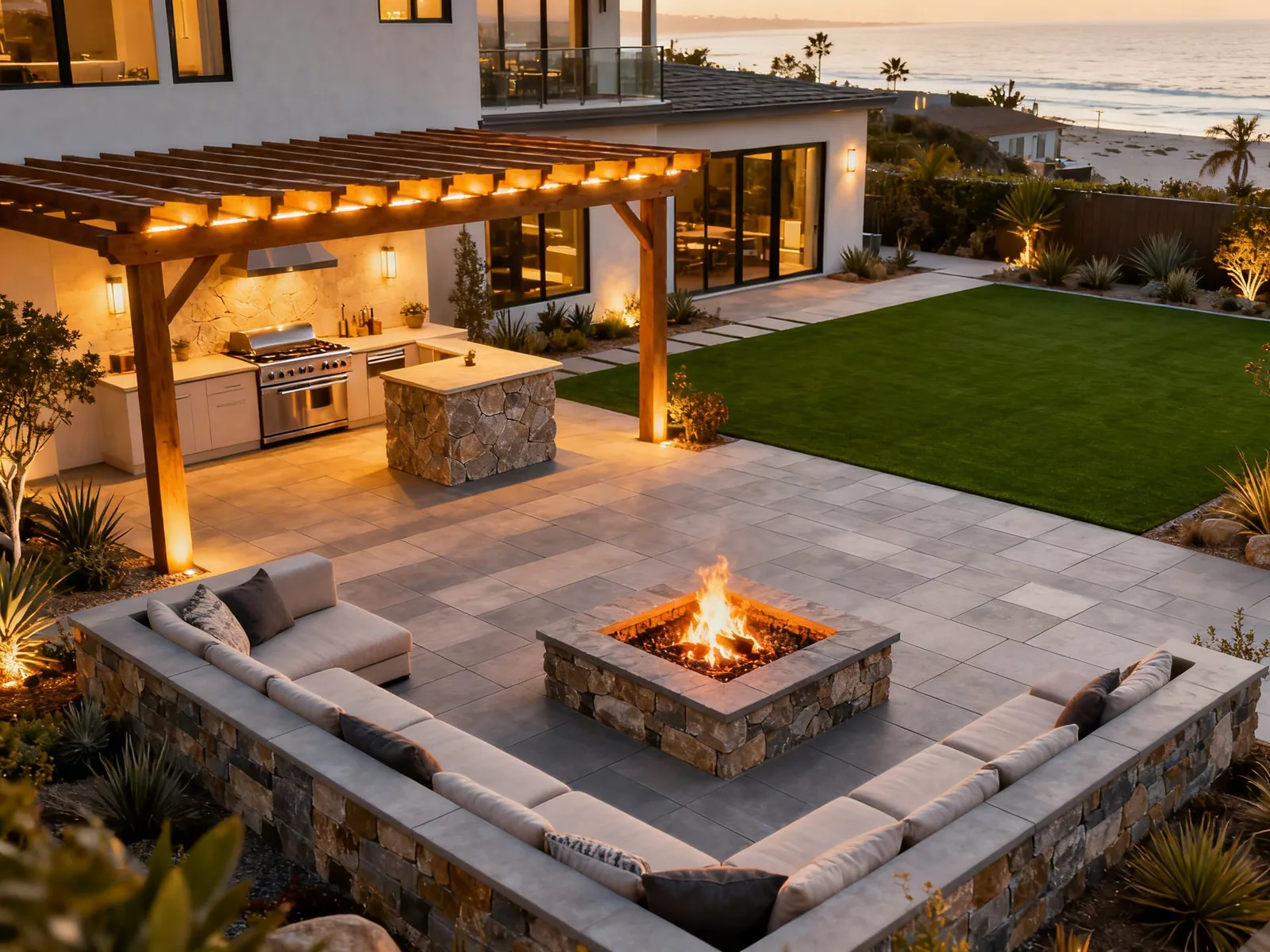 San Diego luxury backyard — outdoor kitchen, fire pit, pergola, ocean view