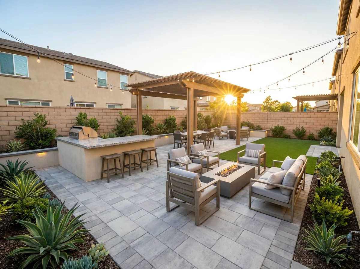 Lakeside backyard pergola with string lights, outdoor kitchen and fire pit lounge at sunset — San Diego