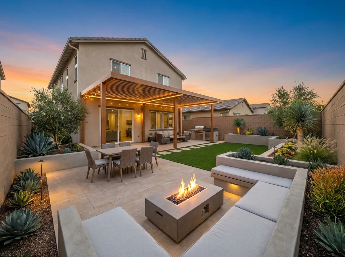 Santee luxury backyard — pergola, outdoor dining, fire pit lounge and agave at dusk — San Diego
