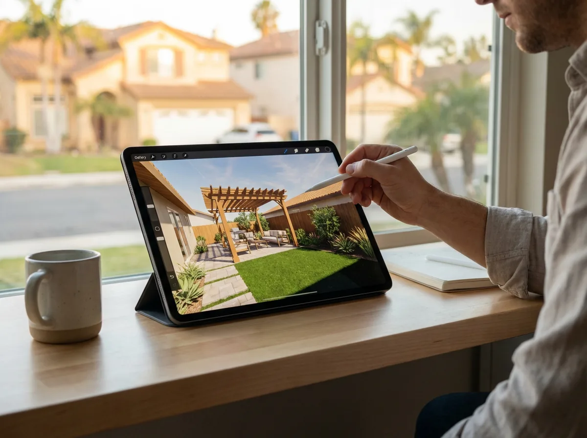Design reveal — iPad showing 3D backyard design — San Diego Landscape Remodeling
