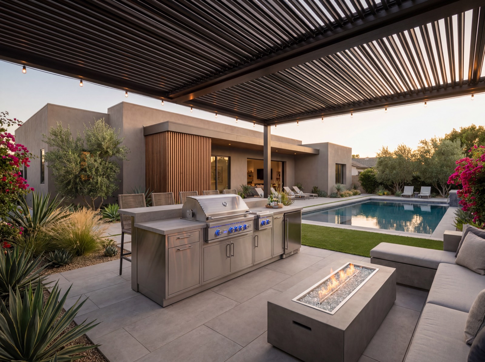 Summerset Sizzler Pro in a full outdoor kitchen under a louvered pergola with pool and fire pit lounge — Carmel Valley, San Diego